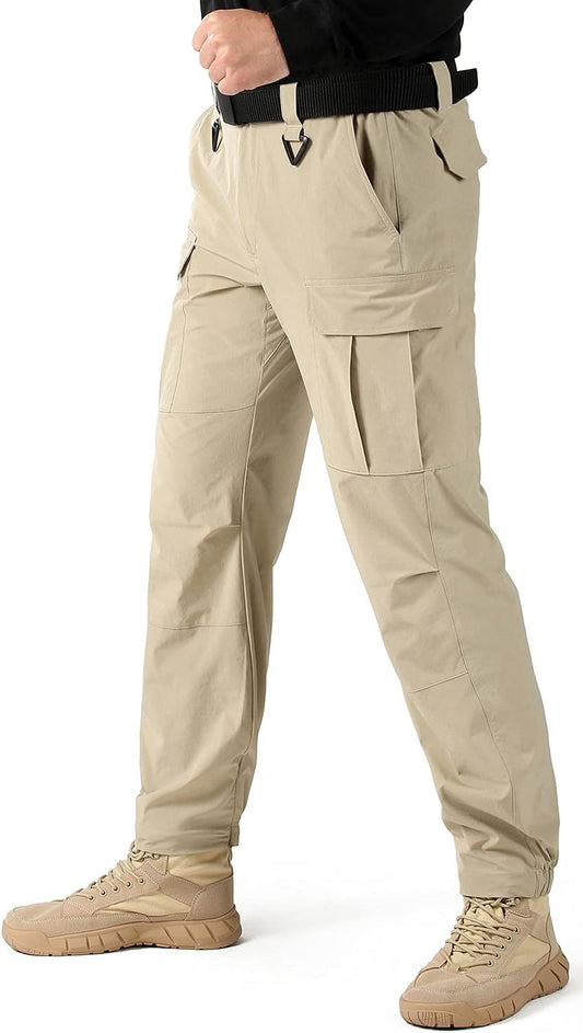 TOMIDOO Men'S Cargo Hiking Pants Lightweight Quick Dry Pants Water Resistant Slim Fit Work Pants with Pockets (Khaki, L)
