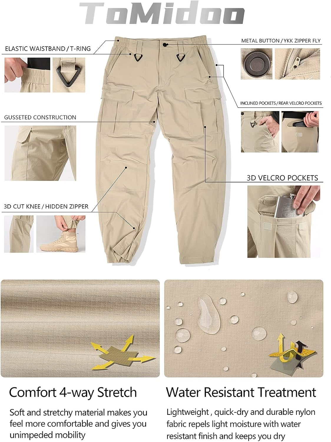 TOMIDOO Men'S Cargo Hiking Pants Lightweight Quick Dry Pants Water Resistant Slim Fit Work Pants with Pockets (Khaki, L)