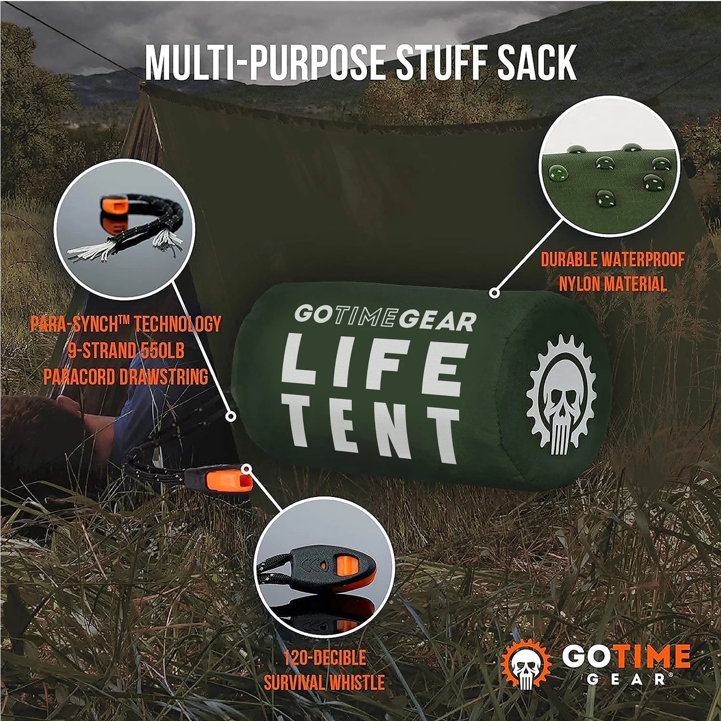 | Life Tent Emergency Survival Shelter - 2 Person Tube Tent | Waterproof, Windproof, Thermal | Includes Survival Whistle, Paracord Rope & Portable, Lightweight Nylon Stuff Sack | Green