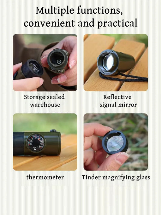 NEW 7 in 1 Survival Whistle Hiking Whistle Compass Mirror Flashlight Magnifier LED Light Thermometer Storage Compass Tool