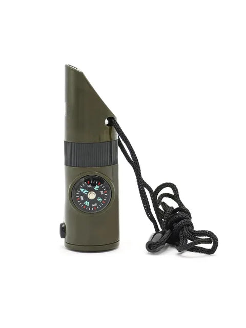 NEW 7 in 1 Survival Whistle Hiking Whistle Compass Mirror Flashlight Magnifier LED Light Thermometer Storage Compass Tool