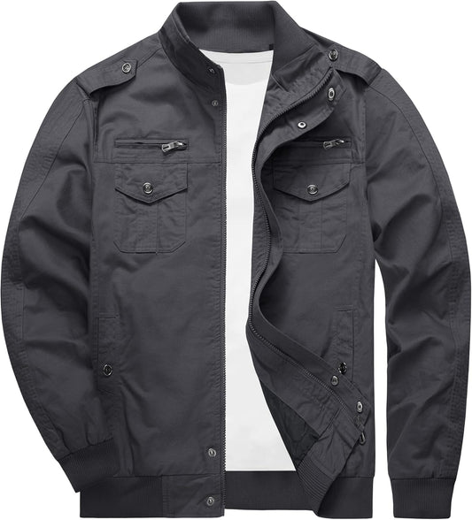 Men'S Cargo Jackets Cotton Lightweight Casual Work Coat Stand Collar Combat Jacket Windbreaker Multi Pockets