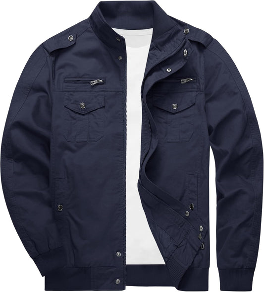 Men'S Cargo Jackets Cotton Lightweight Casual Work Coat Stand Collar Combat Jacket Windbreaker Multi Pockets