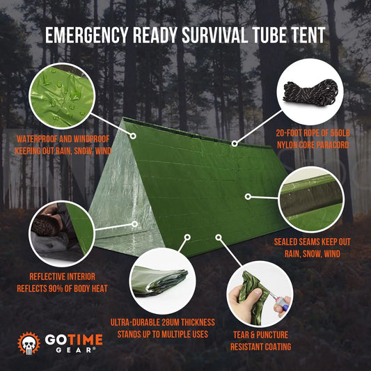 | Life Tent Emergency Survival Shelter - 2 Person Tube Tent | Waterproof, Windproof, Thermal | Includes Survival Whistle, Paracord Rope & Portable, Lightweight Nylon Stuff Sack | Green