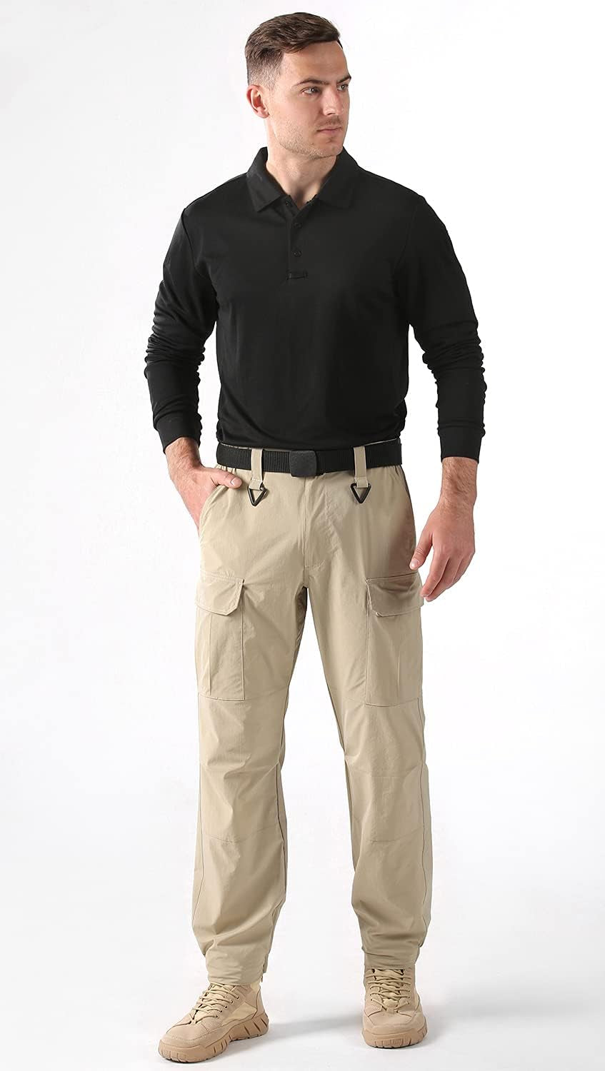 TOMIDOO Men'S Cargo Hiking Pants Lightweight Quick Dry Pants Water Resistant Slim Fit Work Pants with Pockets (Khaki, L)