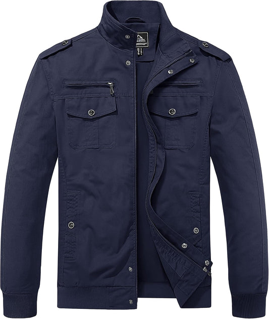 Men'S Cargo Jackets Cotton Lightweight Casual Work Coat Stand Collar Combat Jacket Windbreaker Multi Pockets