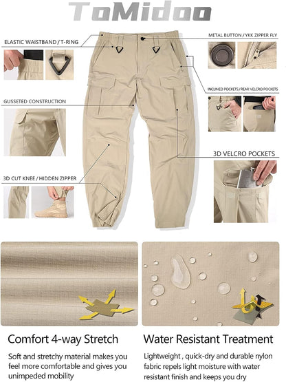 TOMIDOO Men'S Cargo Hiking Pants Lightweight Quick Dry Pants Water Resistant Slim Fit Work Pants with Pockets (Khaki, L)