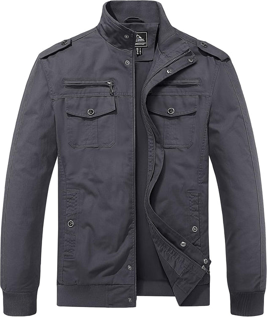 Men'S Cargo Jackets Cotton Lightweight Casual Work Coat Stand Collar Combat Jacket Windbreaker Multi Pockets