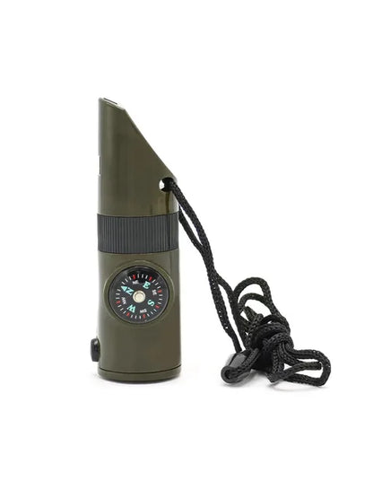 NEW 7 in 1 Survival Whistle Hiking Whistle Compass Mirror Flashlight Magnifier LED Light Thermometer Storage Compass Tool