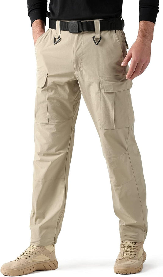 TOMIDOO Men'S Cargo Hiking Pants Lightweight Quick Dry Pants Water Resistant Slim Fit Work Pants with Pockets (Khaki, L)
