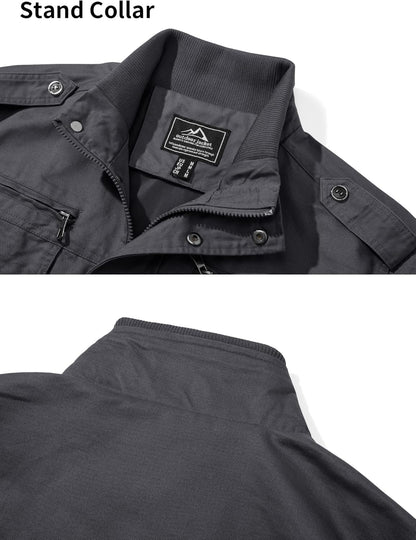 Men'S Cargo Jackets Cotton Lightweight Casual Work Coat Stand Collar Combat Jacket Windbreaker Multi Pockets