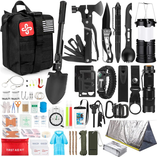 Survival Kit, 250 Piece Survival Gear First Aid Kit with Molle System Compatible Bag and Emergency Tent, Earthquake Emergency Kit, Outdoor Adventure, Hiking, Hunting, Gift for Men and Women